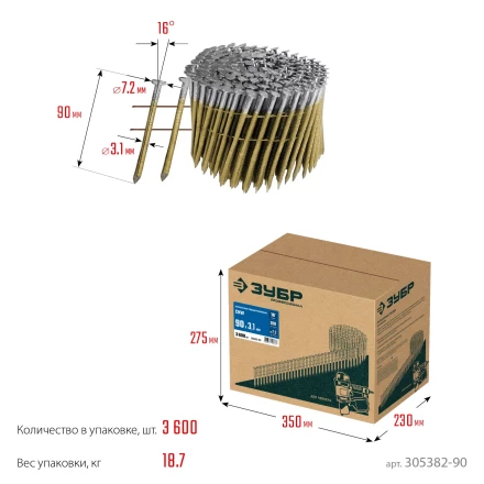 ЗУБР CNW 90 х 3.1 мм, барабанные гвозди рифленые, 3600 шт (305382-90) купить в Урае