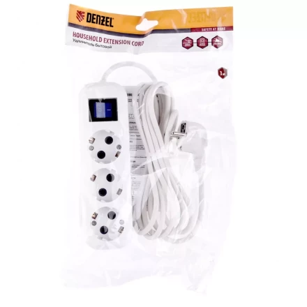 Удлинитель бытовой с заземлением и выключателем 3 м 3 розетки 10 A серия УХз10 Denzel 95971 купить в Урае