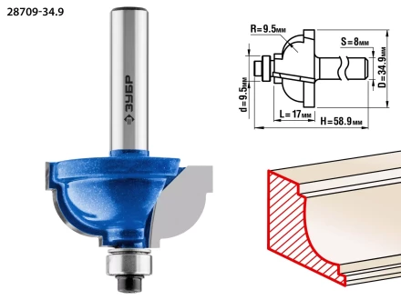 ЗУБР 34.9 x 19 мм, радиус 9.5 мм, фреза кромочная калевочная №7, Профессионал (28709-34.9) купить в Урае