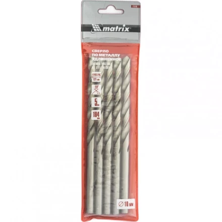 Сверло по металлу 10,0 х 184 мм полированное удлиненное HSS 5 штук цилиндрический хвостовик MATRIX 715100 купить в Урае