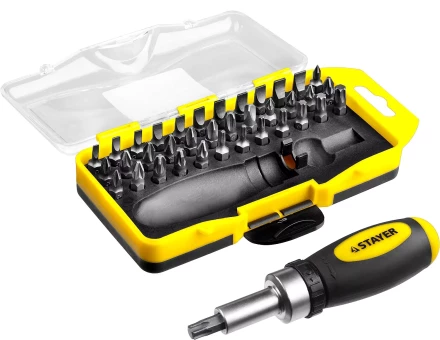 Отвертка реверсивная в наборе с битами, STAYER 2557-H38, Cr-V сталь, 38 предметов 2557-H38 купить в Урае