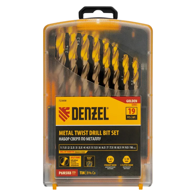 Набор сверл по металлу Denzel 723008, 1-10 мм, Р6М5К8-TiN, Golden Tip, 19 шт купить в Урае