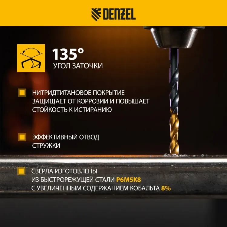 Набор сверл по металлу Denzel 723008, 1-10 мм, Р6М5К8-TiN, Golden Tip, 19 шт купить в Урае