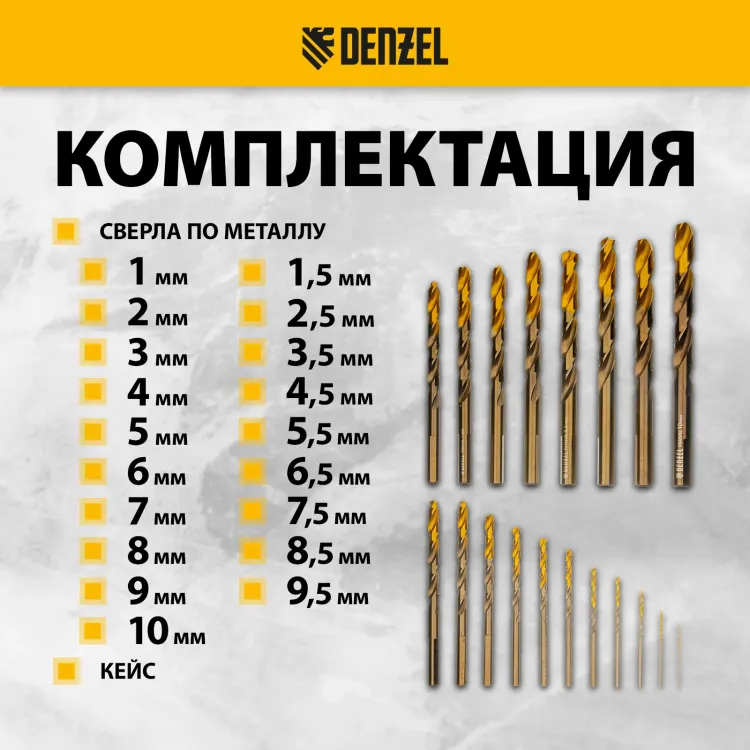 Набор сверл по металлу Denzel 723008, 1-10 мм, Р6М5К8-TiN, Golden Tip, 19 шт купить в Урае