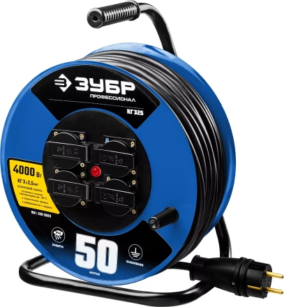 Удлинитель на катушке &quot;КГ 325&quot;, 50 м, 4000 Вт, 4 гнезда, IP44, КГ 3х2,5 кв мм, ЗУБР 55079-50 купить в Урае