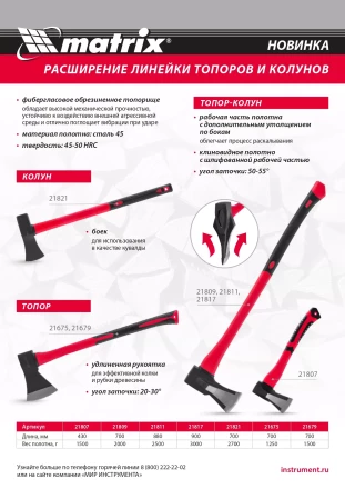 Топор, 1500 г Matrix 21679, фибергласовое топорище 700 мм купить в Урае