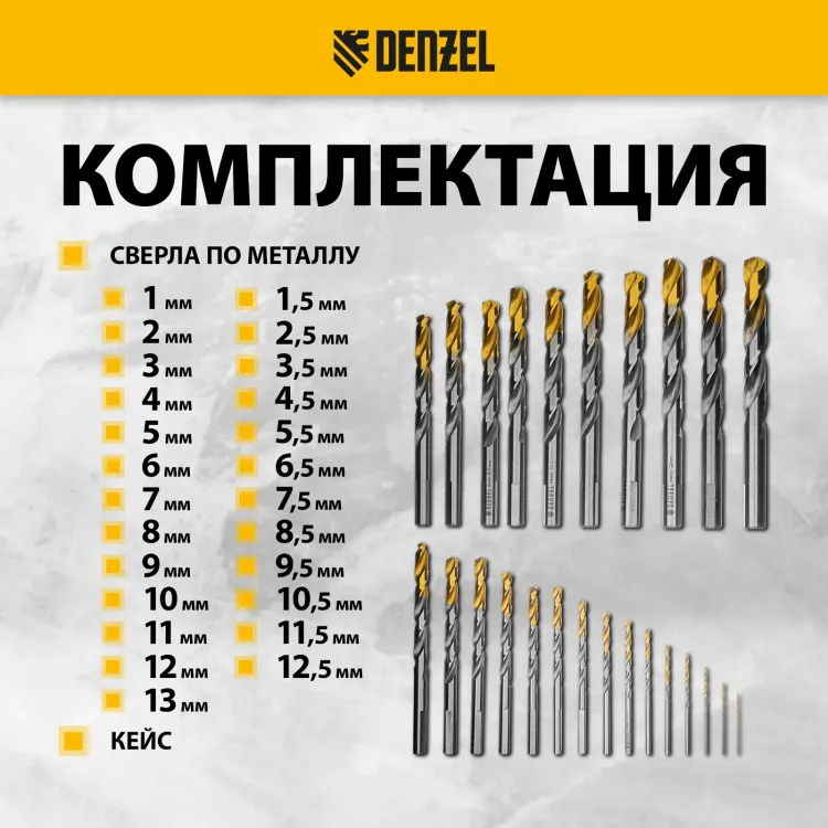 Набор сверл по металлу Denzel 723009, 1-13 мм, Р6М5-TiN, Golden Tip, 25 шт купить в Урае