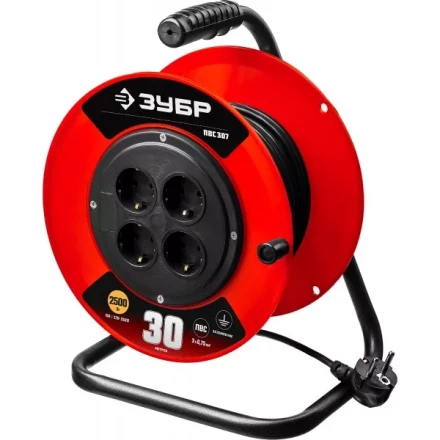 Удлинитель на катушке &quot;ПВС 307&quot;, 30 м, 2500 Вт, 4 гнезда, ПВС 3х0,75 кв мм, ЗУБР 55083-30 купить в Урае
