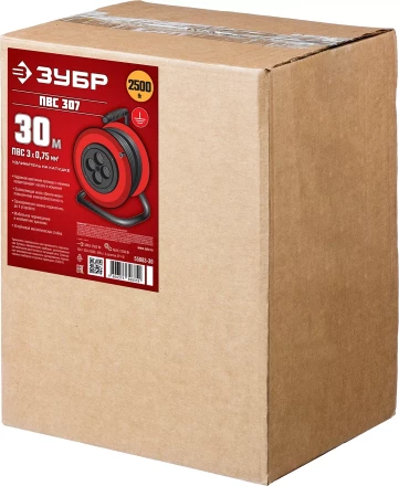 Удлинитель на катушке &quot;ПВС 307&quot;, 30 м, 2500 Вт, 4 гнезда, ПВС 3х0,75 кв мм, ЗУБР 55083-30 купить в Урае