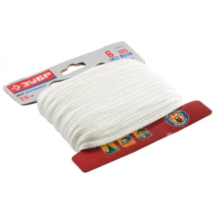 Шнур ЗУБР полиамидный, плетеный, повышенной нагрузки, без сердечника, белый, d 6, 20м 50320-06-020 купить в Урае