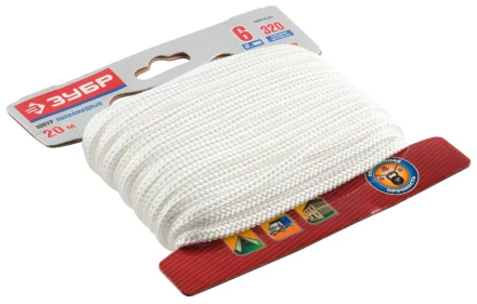 Шнур ЗУБР полиамидный, плетеный, повышенной нагрузки, без сердечника, белый, d 6, 20м 50320-06-020 купить в Урае