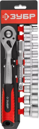 Набор ЗУБР &quot;МАСТЕР&quot;: Торцовые головки (1/2&quot;) на пластиковом рельсе, трещотка, удлинитель, Cr-V, 10-24мм, 12 предметов 27647-H12 купить в Урае