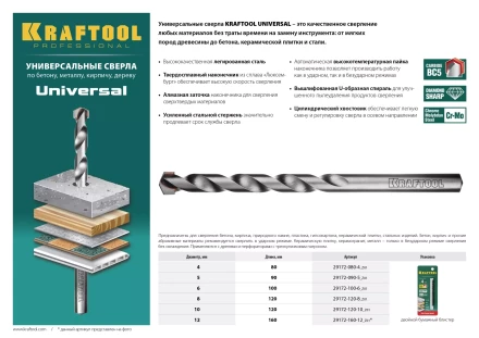Сверло &quot;UNIVERSAL&quot; по бетону, металлу, дереву, KRAFTOOL PROFESSIONAL 29172-100-6, 6 х 100 мм 29172-100-6_z01 купить в Урае