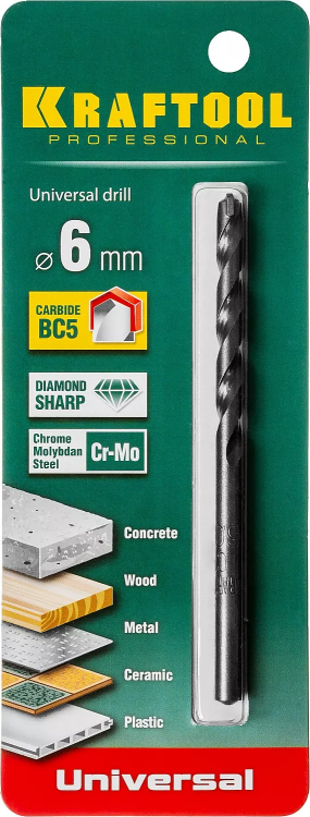 Сверло "UNIVERSAL" по бетону, металлу, дереву, KRAFTOOL PROFESSIONAL 29172-100-6, 6 х 100 мм 29172-100-6_z01 купить в Урае