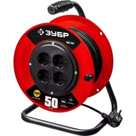Удлинитель на катушке &quot;ПВС 307&quot;, 50 м, 2500 Вт, 4 гнезда, ПВС 3х0,75 кв мм, ЗУБР 55083-50 купить в Урае