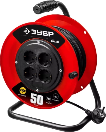 Удлинитель на катушке &quot;ПВС 307&quot;, 50 м, 2500 Вт, 4 гнезда, ПВС 3х0,75 кв мм, ЗУБР 55083-50 купить в Урае