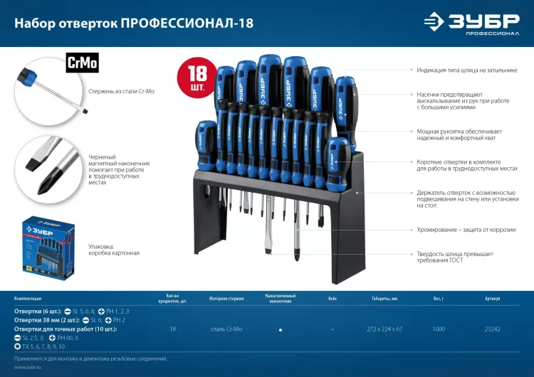 ЗУБР 18 предм., набор отверток, Профессионал (25242) купить в Урае