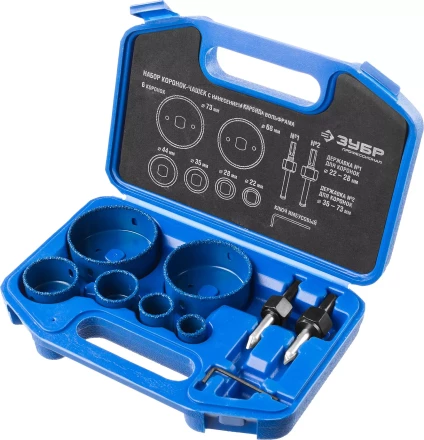 Набор коронок-чашек ЗУБР &quot;ПРОФЕССИОНАЛ&quot; c карбид-вольфрамовым нанесением, 6 коронок-чашек O 22, 28, 35, 44, 68, 73 мм, 2 державки со сверлами, ключ 33360-H6_z01 купить в Урае