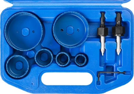 Набор коронок-чашек ЗУБР &quot;ПРОФЕССИОНАЛ&quot; c карбид-вольфрамовым нанесением, 6 коронок-чашек O 22, 28, 35, 44, 68, 73 мм, 2 державки со сверлами, ключ 33360-H6_z01 купить в Урае