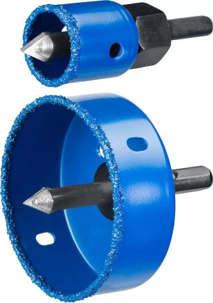 Набор коронок-чашек ЗУБР &quot;ПРОФЕССИОНАЛ&quot; c карбид-вольфрамовым нанесением, 6 коронок-чашек O 22, 28, 35, 44, 68, 73 мм, 2 державки со сверлами, ключ 33360-H6_z01 купить в Урае