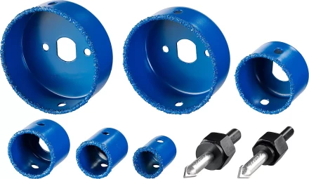 Набор коронок-чашек ЗУБР &quot;ПРОФЕССИОНАЛ&quot; c карбид-вольфрамовым нанесением, 6 коронок-чашек O 22, 28, 35, 44, 68, 73 мм, 2 державки со сверлами, ключ 33360-H6_z01 купить в Урае