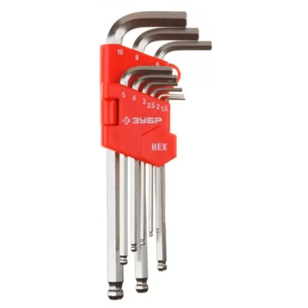 Набор ЗУБР Ключи &quot;МАСТЕР&quot; имбусовые длинные с шариком, Cr-V, сатинир. покрытие, пластик. держатель, HEX 1,5-10мм, 9 пред 27461-2_z02 купить в Урае